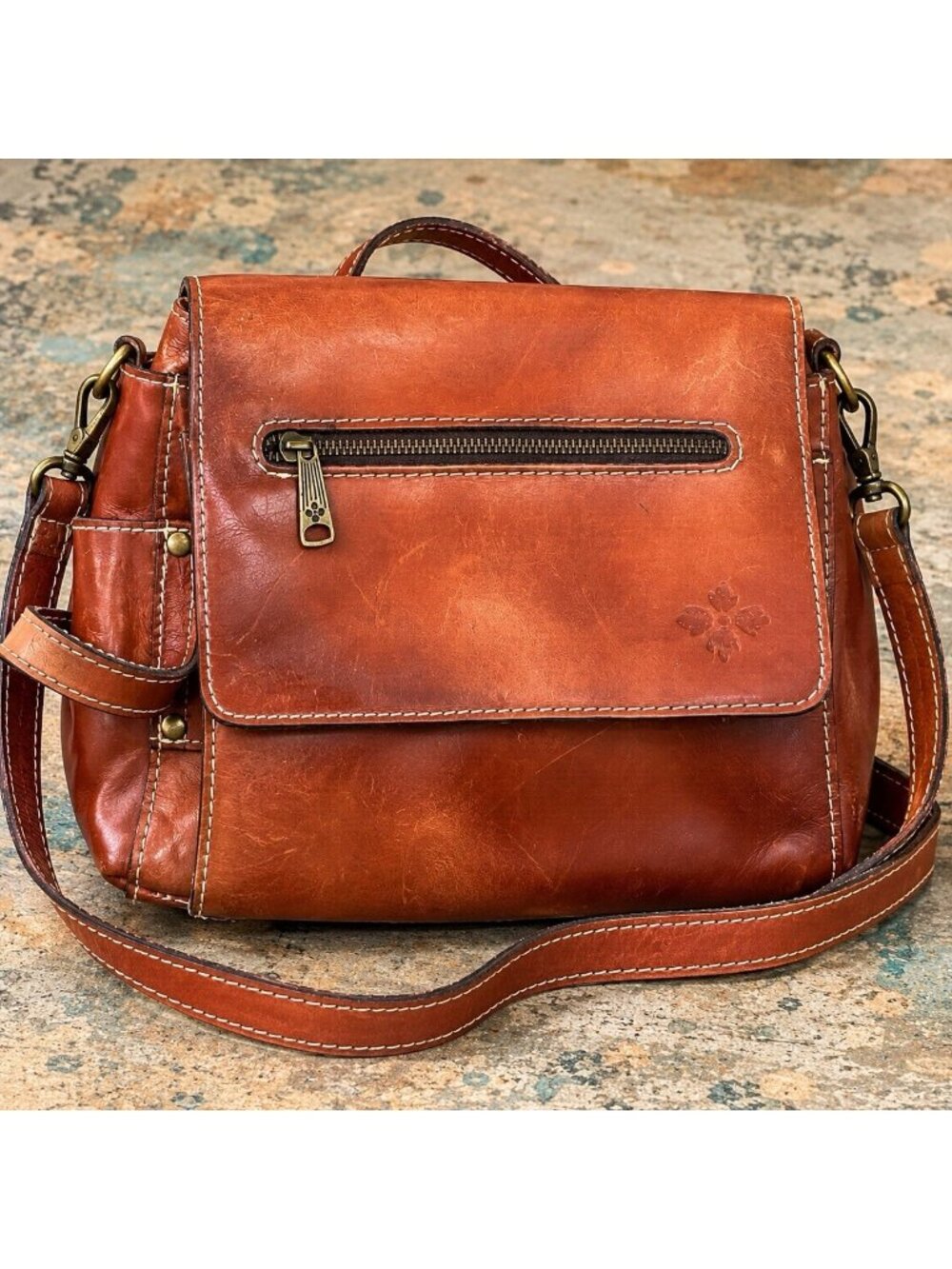 Patricia Nash Purse Bag Cognac Leather Crossbody Shoulder Boho Rustic Fall Brown